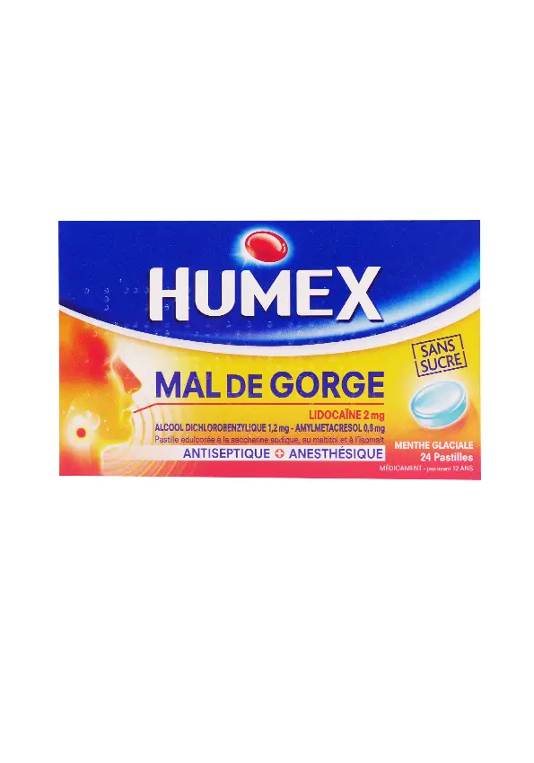 Humex mal de gorge lidocaine 2mg menthe glacial sans sucre 24 pastilles