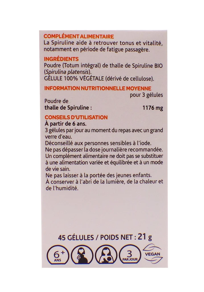 ARKOGELULES SPIRULINE BIO 45 GELULES ARKOPHARMA 3 dos 45 gelules