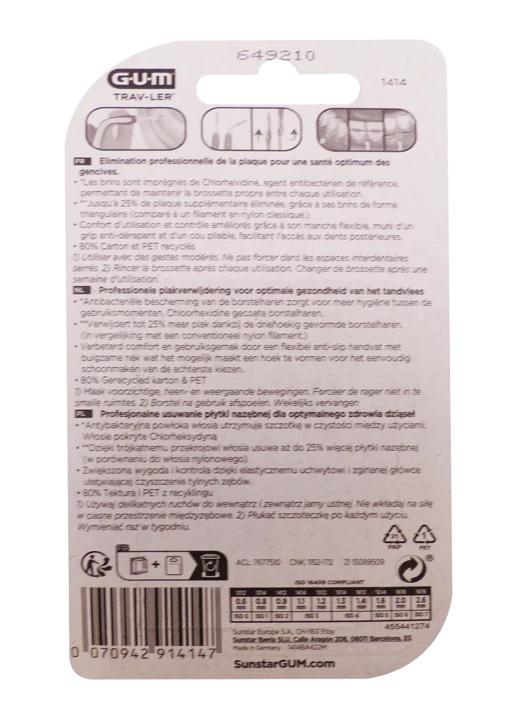 GUM TRAV-LER 4 BROSSETTES INTERDENTAIRES 1.1MM VERTES REF: 1414 3 dos brossettes
