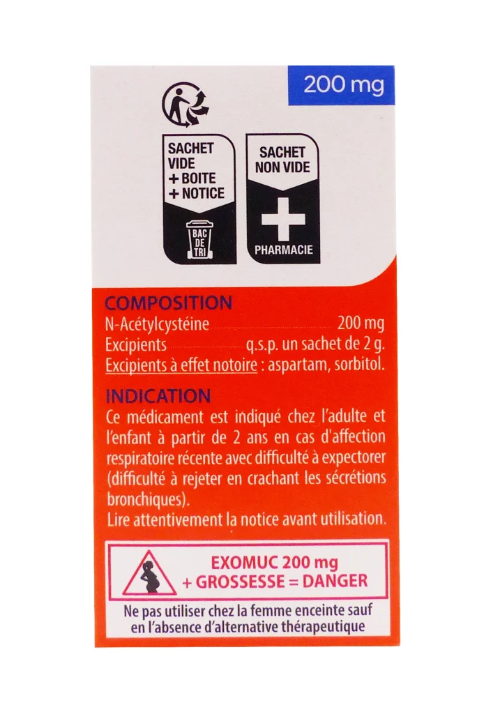Exomuc 200 mg : Fluidifiant pour Toux Grasse (24 Sachets) 4 dos exomuc