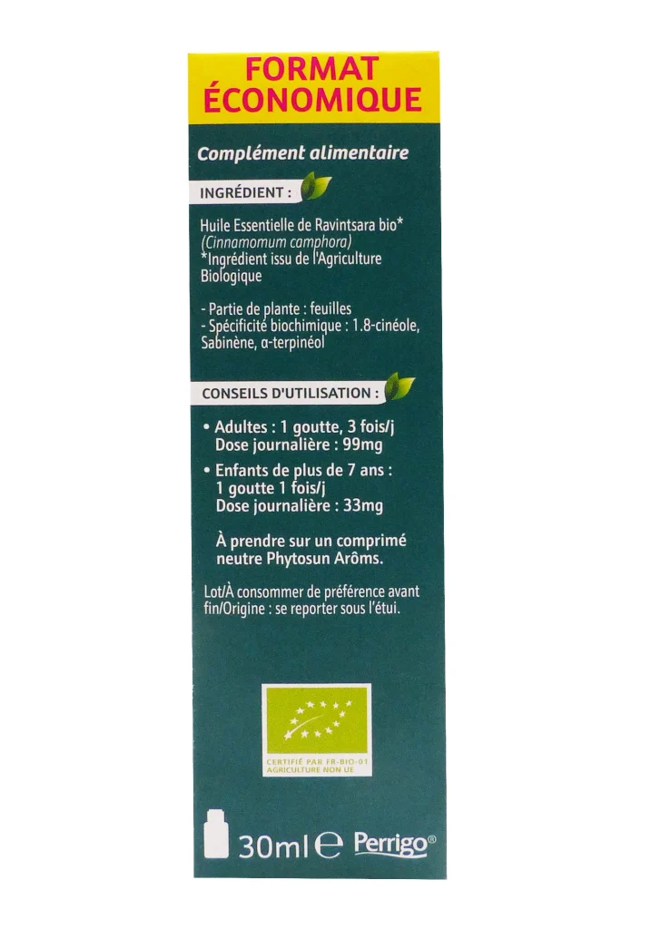 PHYTOSUN ARÔMS HUILE ESSENTIELLE RAVINTSARA BIO FORMAT ECONOMIQUE 30ML 4 dos format economique ravintsara bio