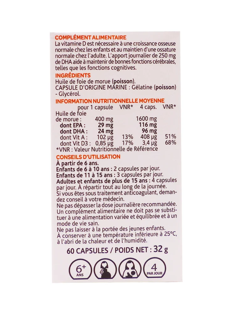 ARKOGELULES HUILE DE FOIE DE MORUE 60 CAPSULES 3 dos huile de foie de morue