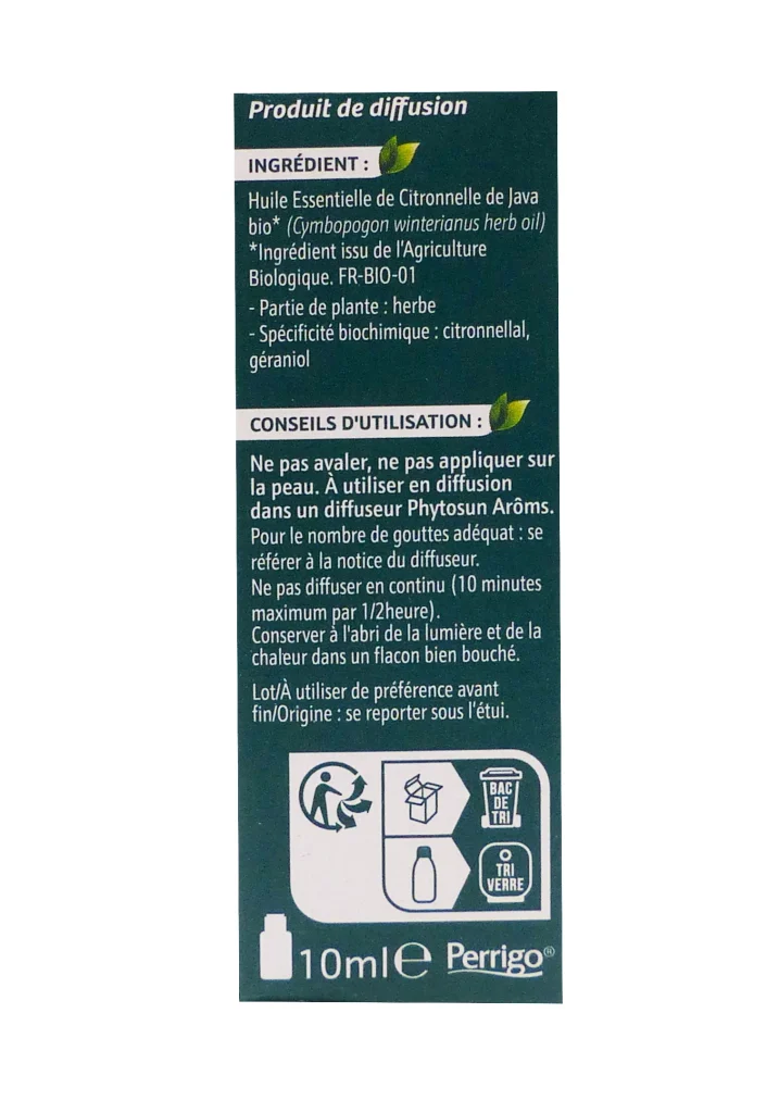 PHYTOSUN ARÔMS HUILE ESSENTIELLE CITON DE JAVA BIO 10ML 3 dos huile essentielle 2