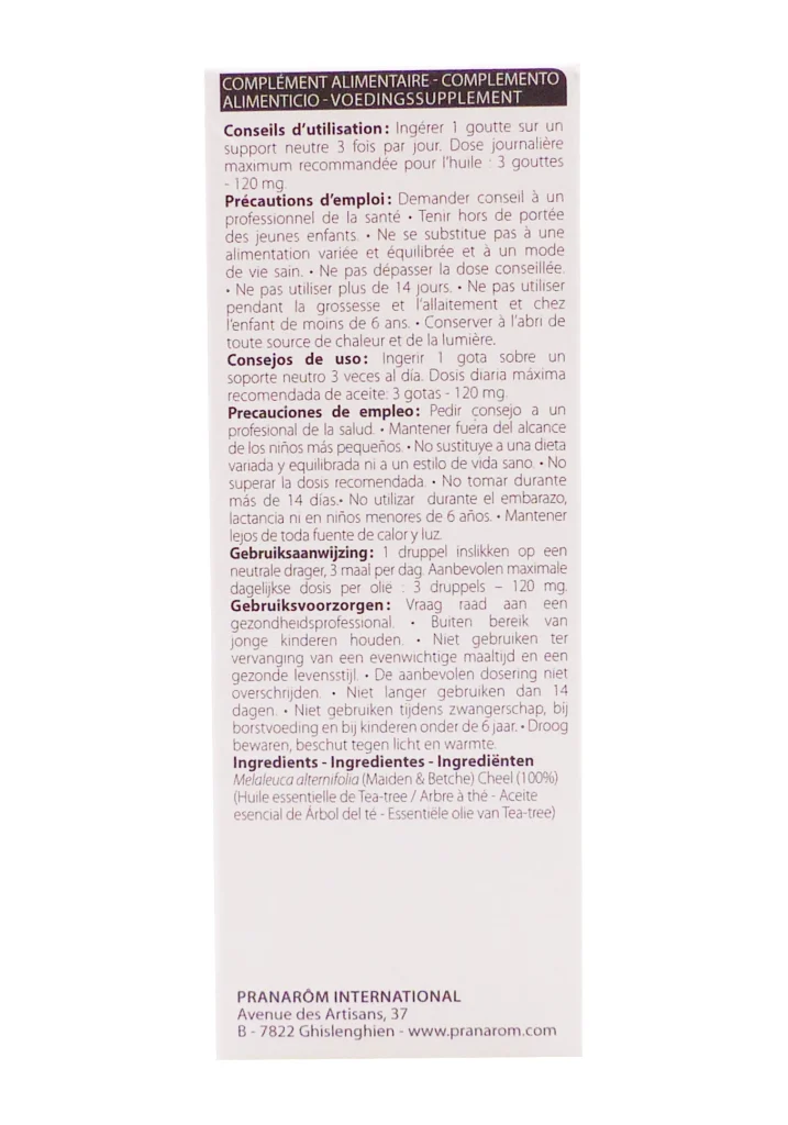 HUILE ESSENTIELLE DE TEA TREE 10ML PRANAROM 4 dos huile essentielle 6