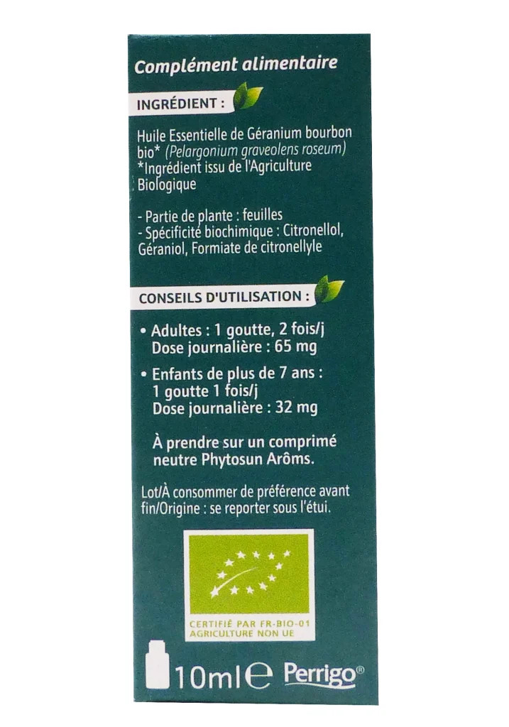 PHYTOSUN ARÔMS HUILE ESSENTIELLE DE GERANIUM BOURBON BIO 10ML 5 dos huile essentielle packaging