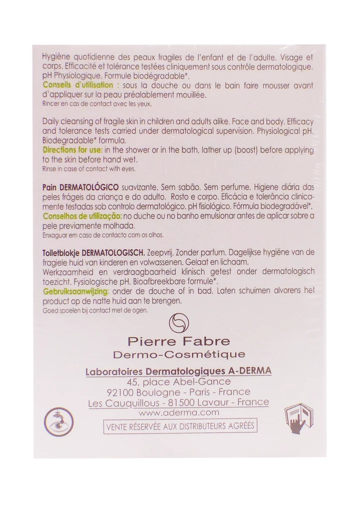 A-DERMA PAIN DERMATOLOGIQUE LAIT D'AVOINE SANS PARFUM 2X100G 4 dos pains sans parfum aderma