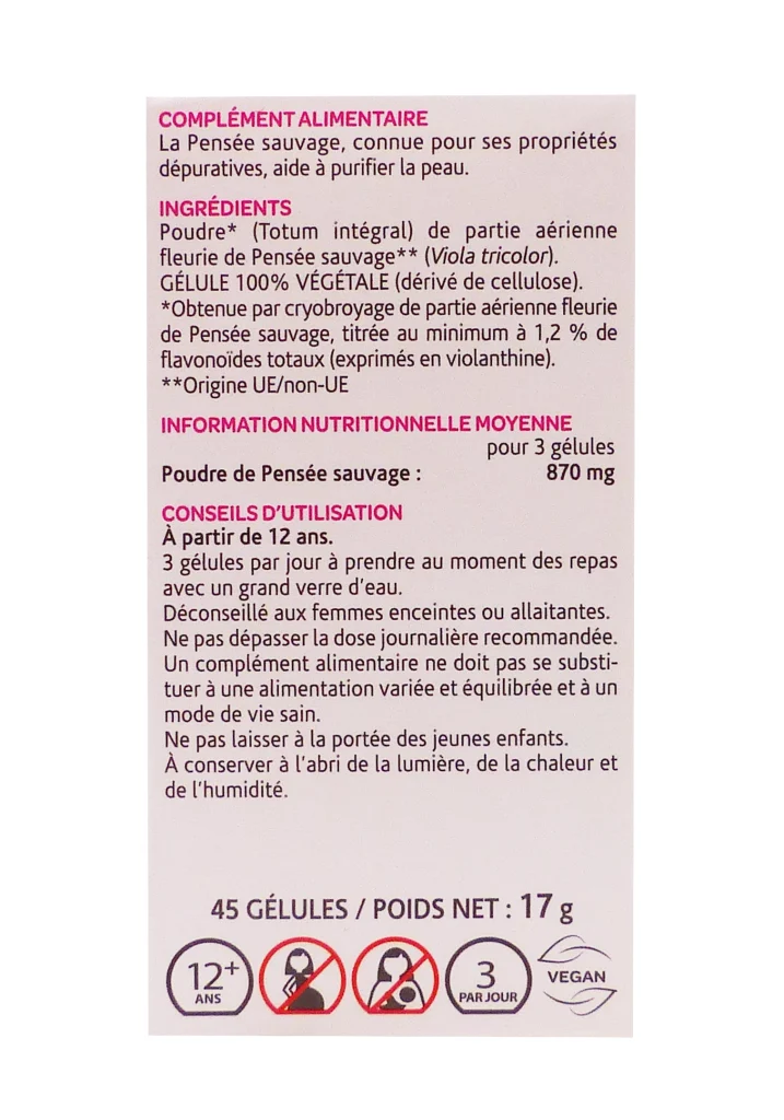 ARKOGELULES PENSEE SAUVAGE BOITE DE 45 GELULES 3 dos pensee sauvage