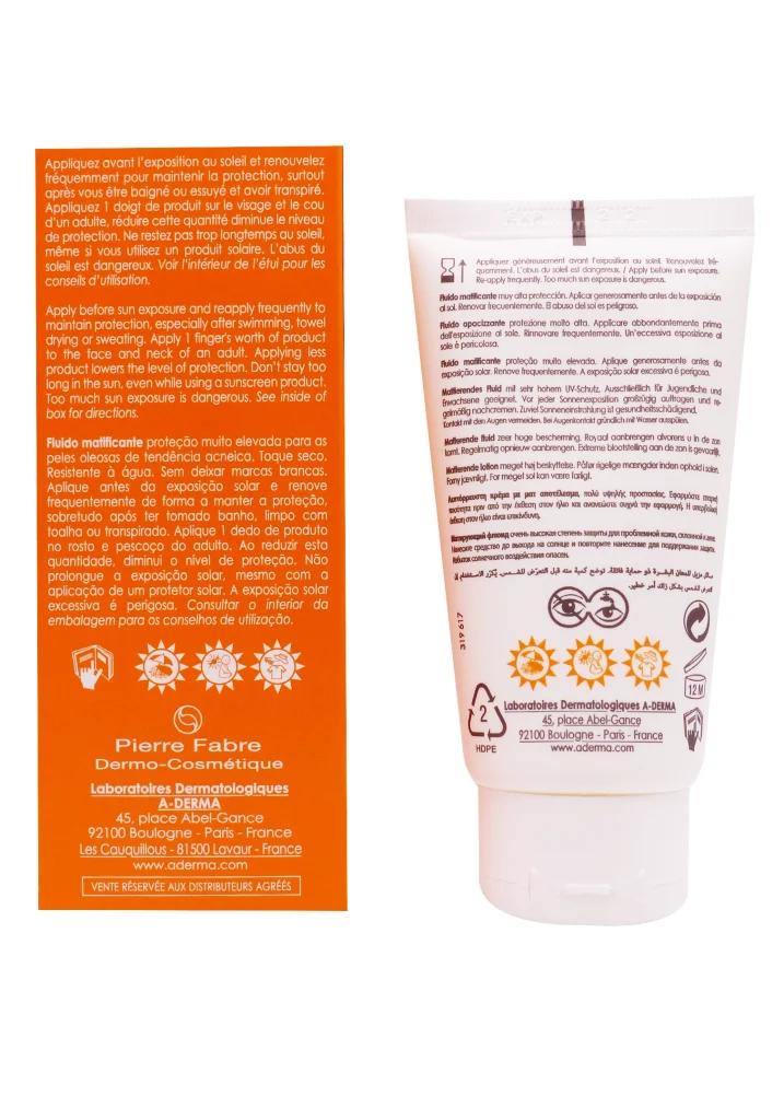 A-DERMA PROTECT AC FLUIDE MATIFIANT SOLAIRE SPF50+ 40 ml 3 dos solaire aderma 1 1
