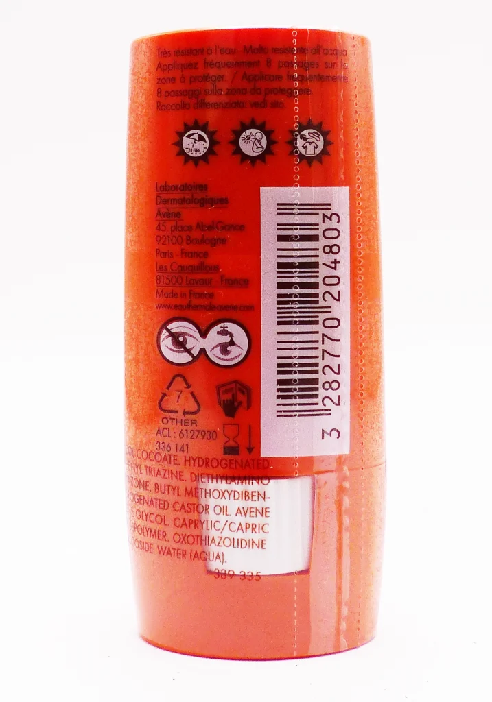 Avène Stick Solaire Zones Sensibles SPF50+ 8G 3 dos stick avene solaire