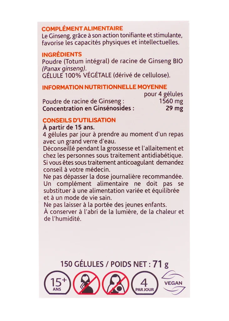 ARKOGELULES GINSENG BIO 150 GELULES ARKOPHARMA 4 ginseng dos
