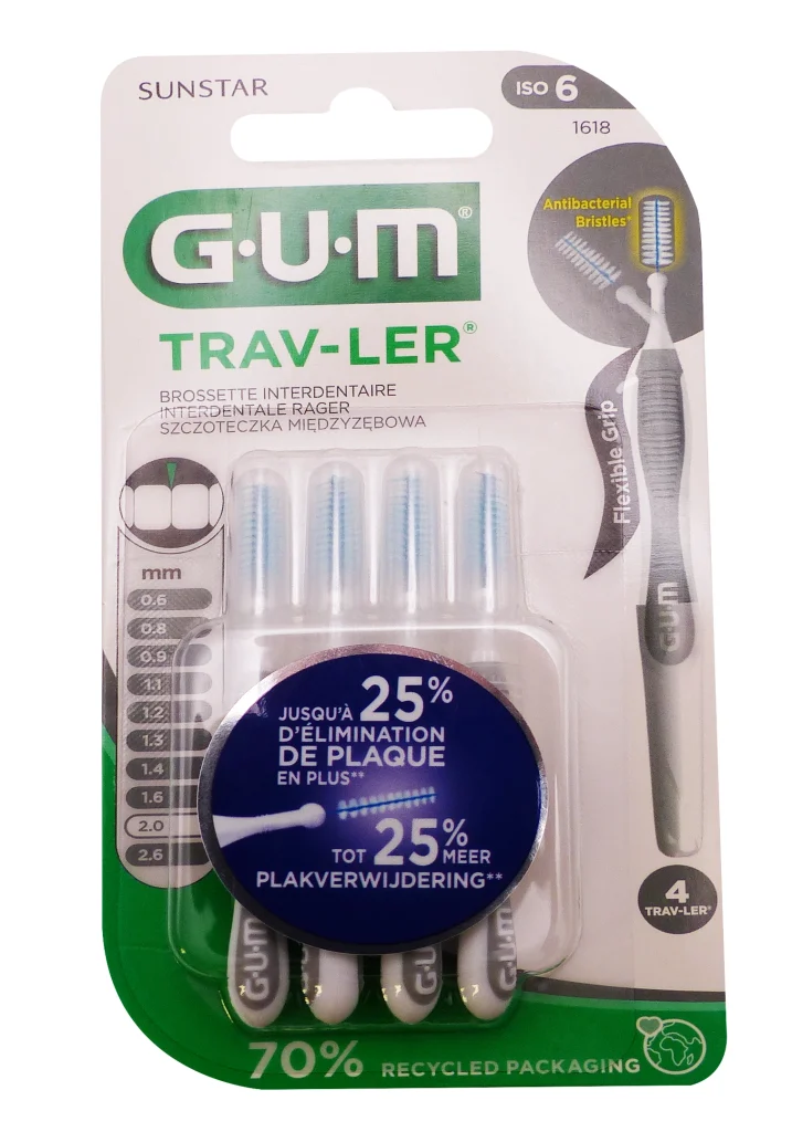 GUM TRAV-LER 4 BROSSETTES INTERDENTAIRES 2.0MM GRISES ISO 6 REF : 1618 2 gum trav ler 4 brossettes 2.0 iso 6