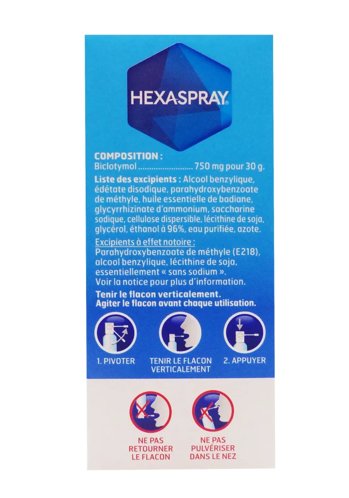 Hexaspray Collutoire au Biclotymol : Soulagez vos maux de gorge sans sucre 4 hexaspray bleu dos