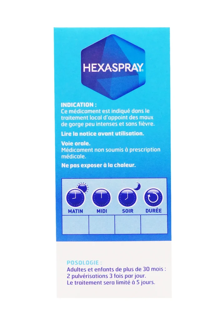 Hexaspray Collutoire au Biclotymol : Soulagez vos maux de gorge sans sucre 3 hexaspray bleu dos2