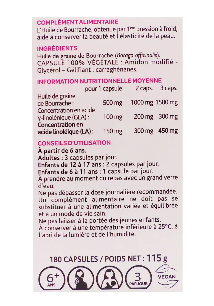 ARKOGELULES HUILE DE BOURRACHE BIO 180 CAPSULES 3 huile de bourrache dos