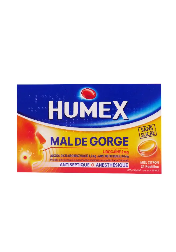 Humex mal de gorge lidocaine 2mg 24 pastilles miel citron