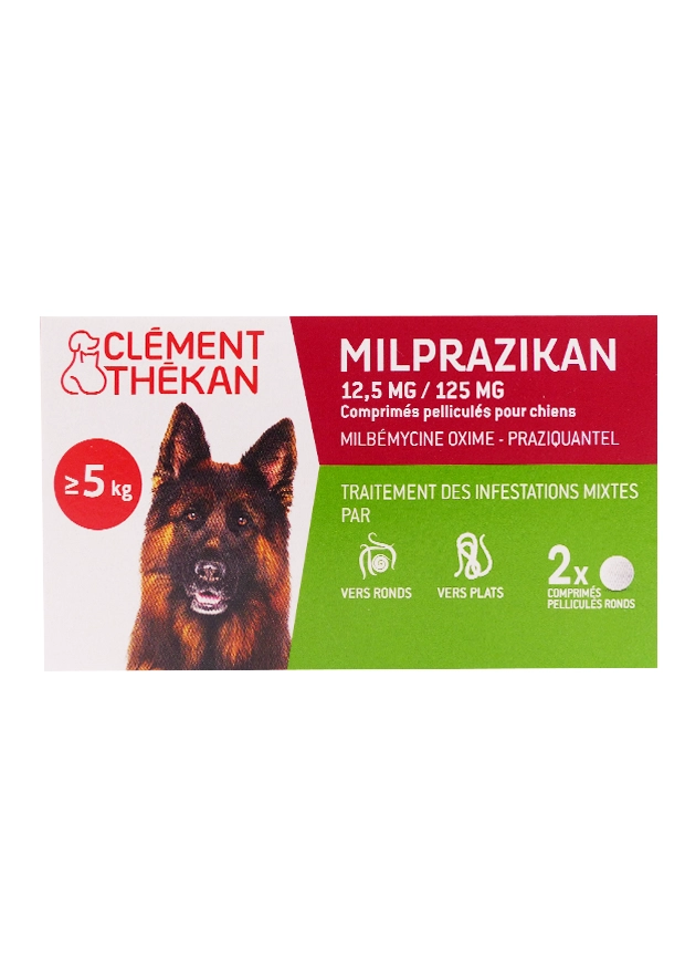 CLEMENT THEKAN MILPRAZIKAN CHIEN SUPERIEUR A 5KG 2 COMPRIMES 2 milprazikan chien sup 5 kg 2 comprimés