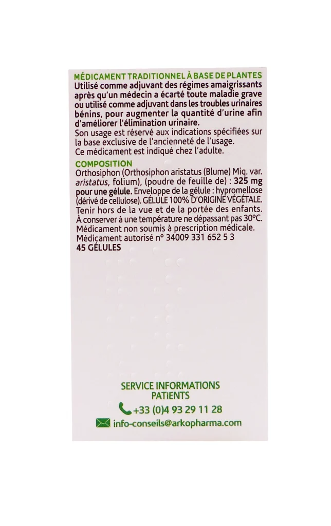 ARKOGELULES ORTHOSIPHON BOITE DE 45 GELULES ARKOPHARMA 3 orthosiphon 45 gelules dos