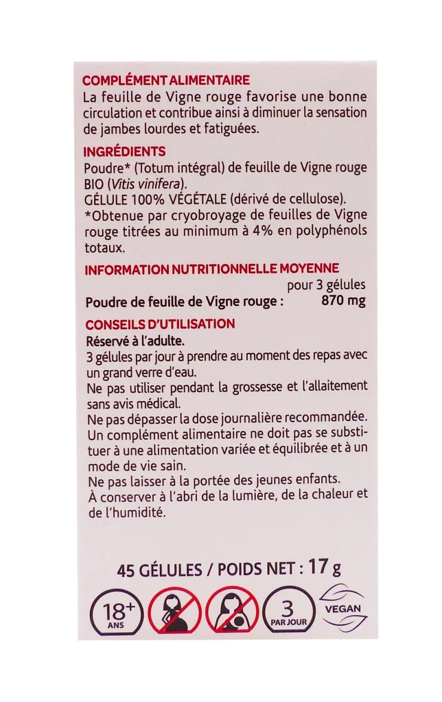 ARKOGELULES VIGNE ROUGE BIO 45 GELULES ARKOPHARMA 3 vigne rouge 45 gelule dos