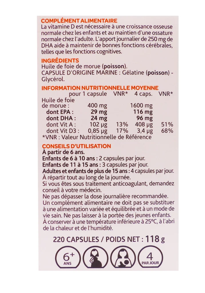 ARKOGELULES HUILE DE FOIE DE MORUE 220 CAPSULES ARKOPHARMA 3 vitamine d dos