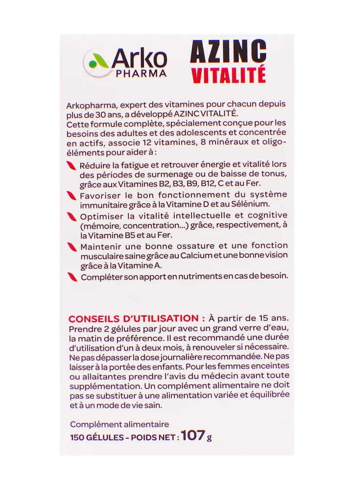arkopharma azinc vitalite 150 gelules dos