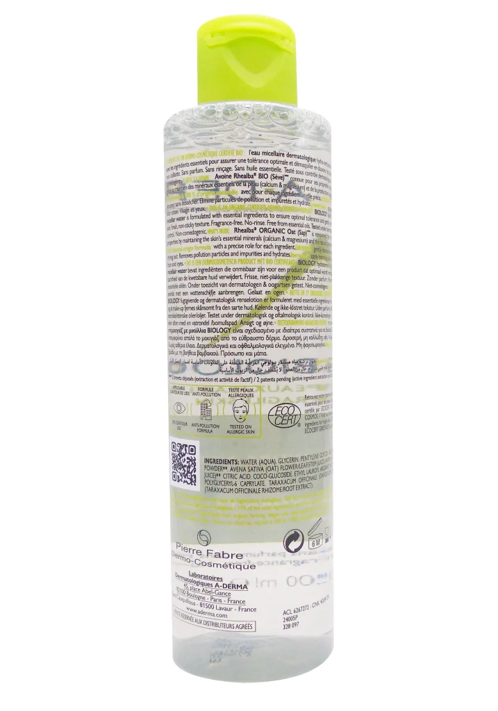 A-DERMA BIOLOGY EAU MICELLAIRE DERMATOLOGIQUE ULTRA-NETTOYANTE BIO 400ML 3 dos eau micellaire aderma