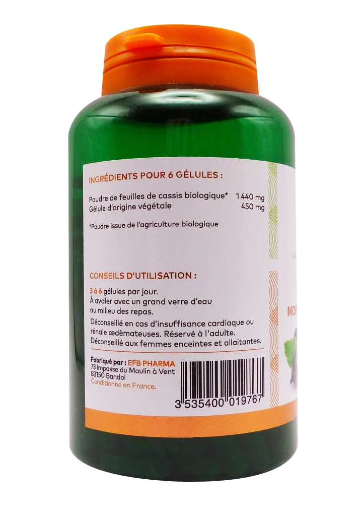 PHARMASCIENCE CASSIS FEUILLE BIO 200 GELULES 3 dos cassis bio pharmascience