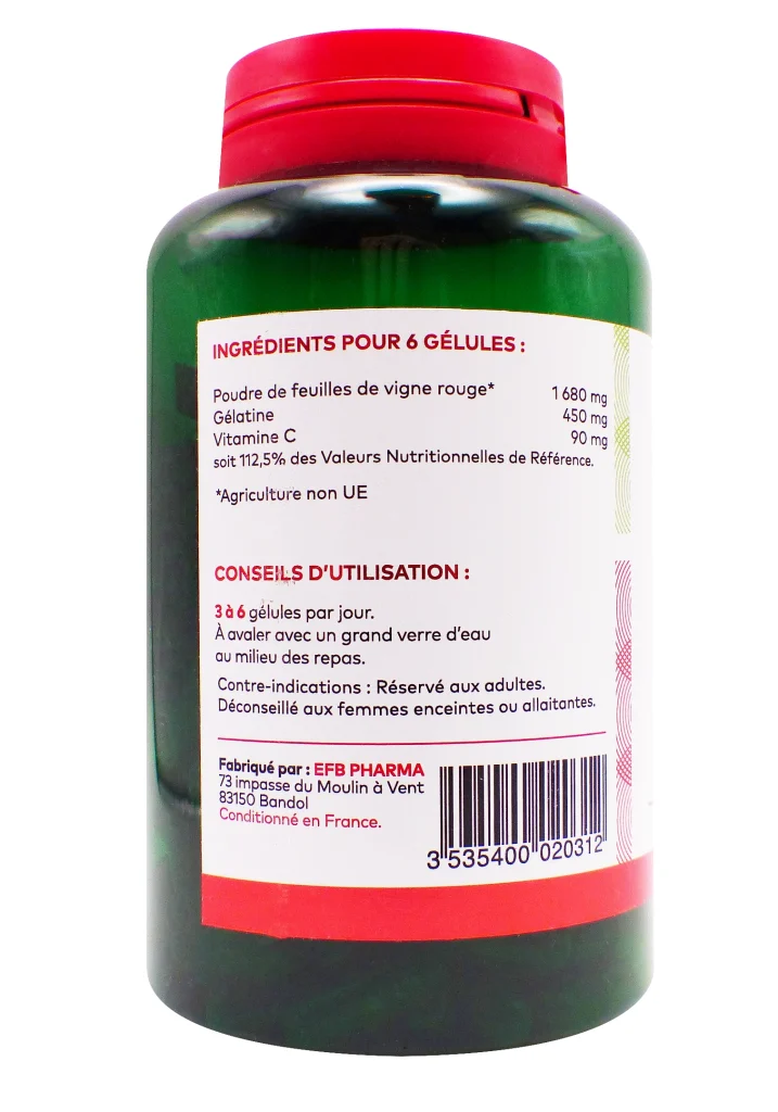 PHARMASCIENCE VIGNE ROUGE BIO 200 GELULES 3 dos feuilles de vignes rouge gelules pharmascience