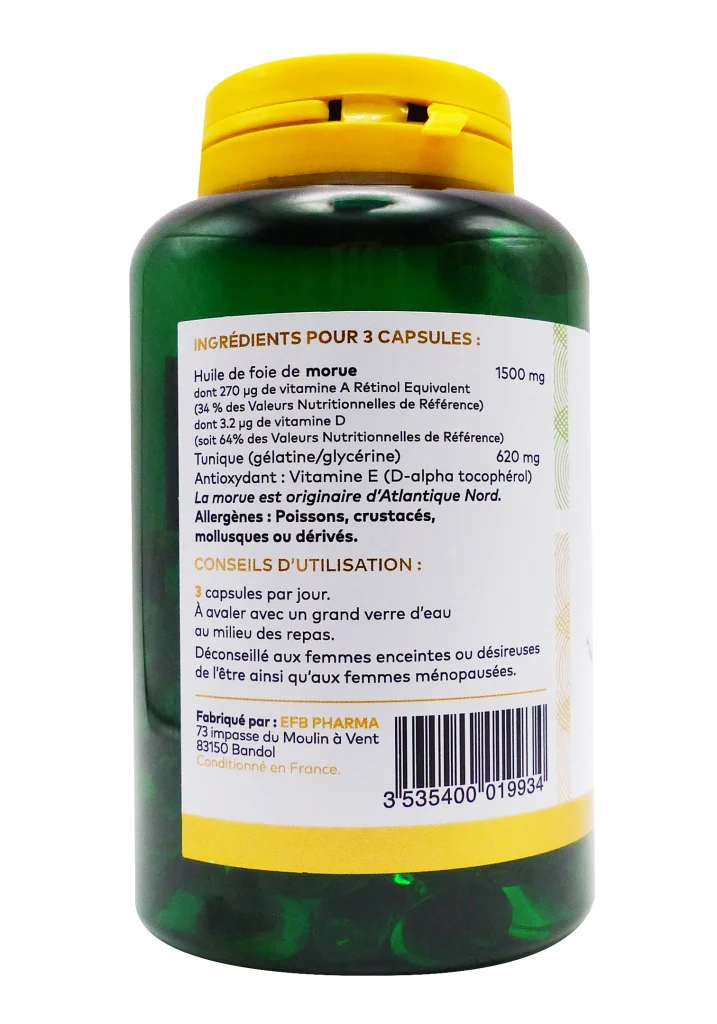 PHARMASCIENCE HUILE DE FOIE MORUE 120 CAPSULES 3 dos huile de foie de morue