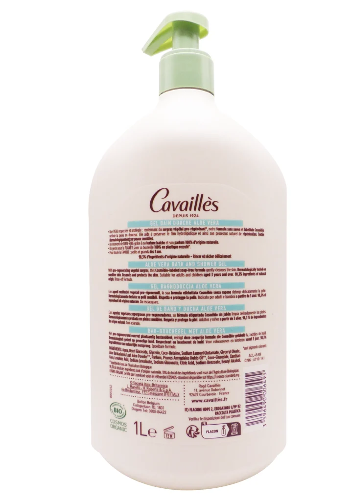 ROGE CAVAILLES GEL BAIN DOUCHE ALOE VERA BIO PEAUX SENSIBLES 1L 3 cavailles dos aloe 1L