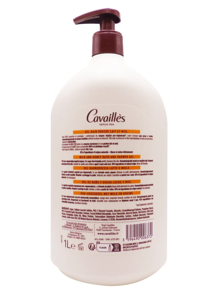 ROGE CAVAILLES GEL BAIN DOUCHE LAIT ET MIEL 1L 3 cavailles lait miel 1L dos
