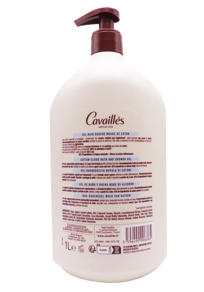 ROGE CAVAILLES GEL BAIN DOUCHE SURGRAS NUAGE DE COTON 1L 3 cavailles nuage de coton dos 1L