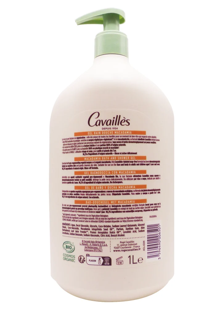 ROGE CAVAILLES GEL BAIN DOUCHE A l'HUILE DE MACADAMIA BIO 1L 3 dos cavailles macadamia 1L