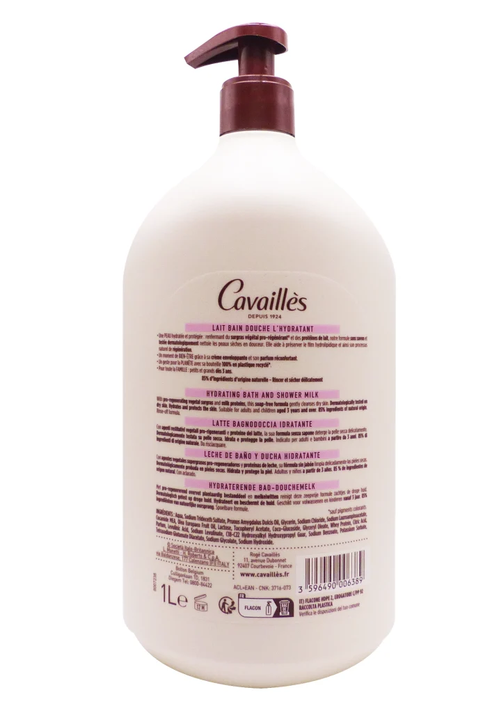ROGE CAVAILLES LAIT BAIN DOUCHE L'HYDRATANT 1L 3 dos cavailles rose 1L