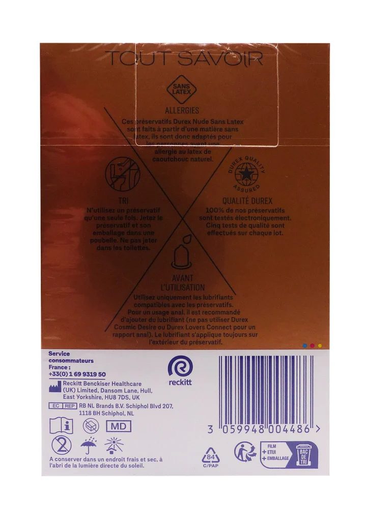 DUREX NUDE SANS LATEX 20 PRESERVATIFS STANDARD 3 nude preservatif sans latex dos