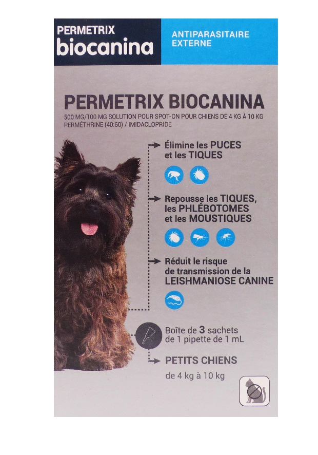 BIOCANINA PERMETRIX ANTI-PUCES PETITS CHIENS 3 PIPETTES 1 ML 7 biocanina permetrix chiens 4-10 kg 3 pipettes 1 ml