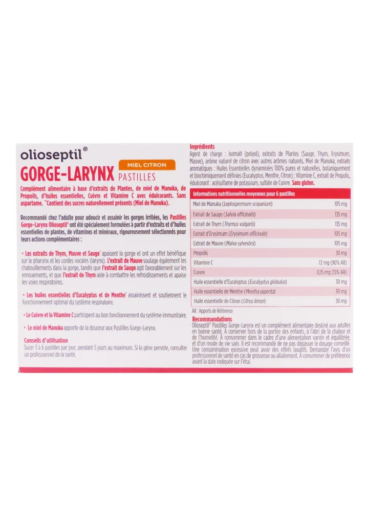 OLIOSEPTIL GORGE-LARYNX 24 PASTILLES MIEL CITRON 3 olioseptil gorge larynx dos