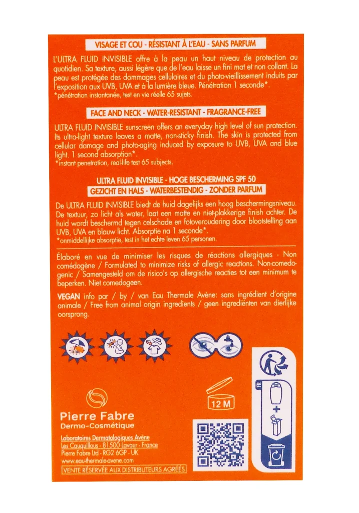 AVENE FLUIDE SOLAIRE INVISIBLE SPF50, 50 ML 5 dos ultra fluide avene