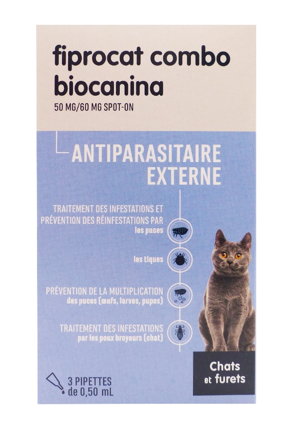 BIOCANINA FIPROCAT COMBO CHATS & FURETS 3 PIPETTES 0,50 ML 8 fiprocat combo chats 3 pipettes