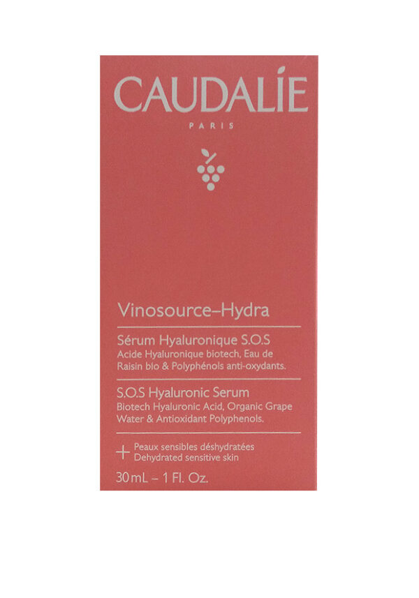 Le Sérum Hyaluronique S.O.S. Vinosource-Hydra 30ml de Caudalie est une formule hydratante intense enrichie en acide hyaluronique, polyphénols de raisin et eau de raisin bio. Il hydrate, apaise et repulpe la peau, offrant un teint éclatant et rafraîchi.