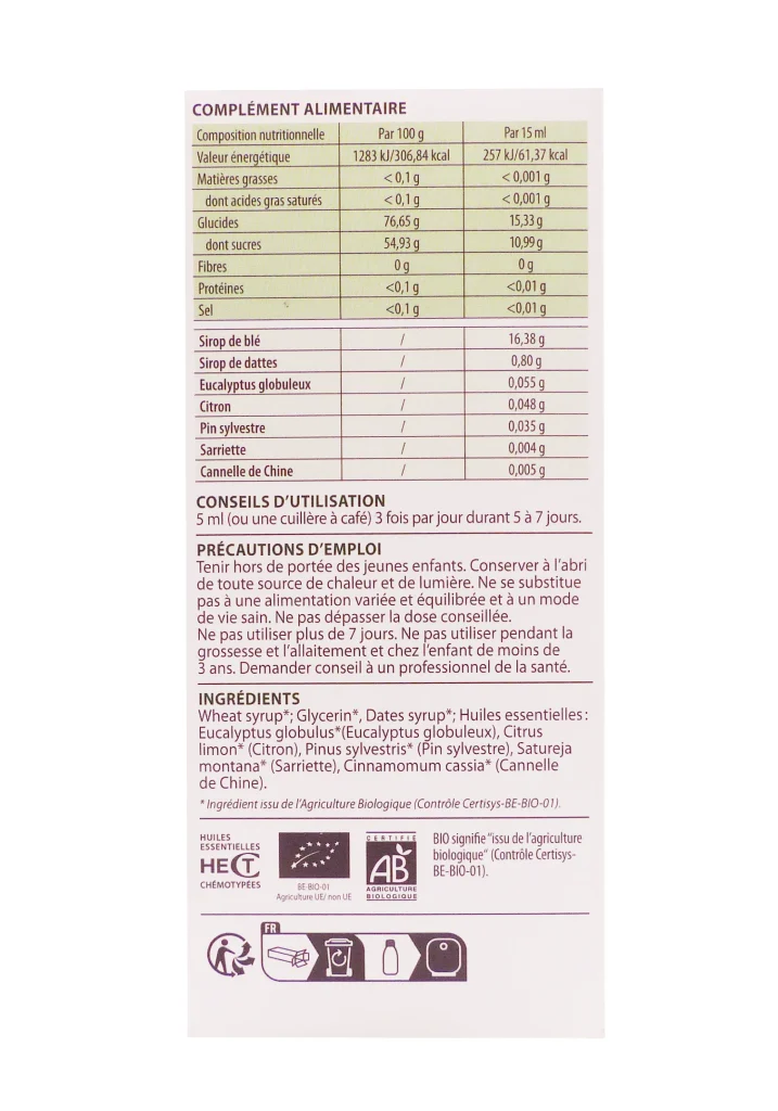 SIROP VOIES RESPIRATOIRES BIO AROMAFORCE 225ML PRANAROM 3 dos complement alimentaire