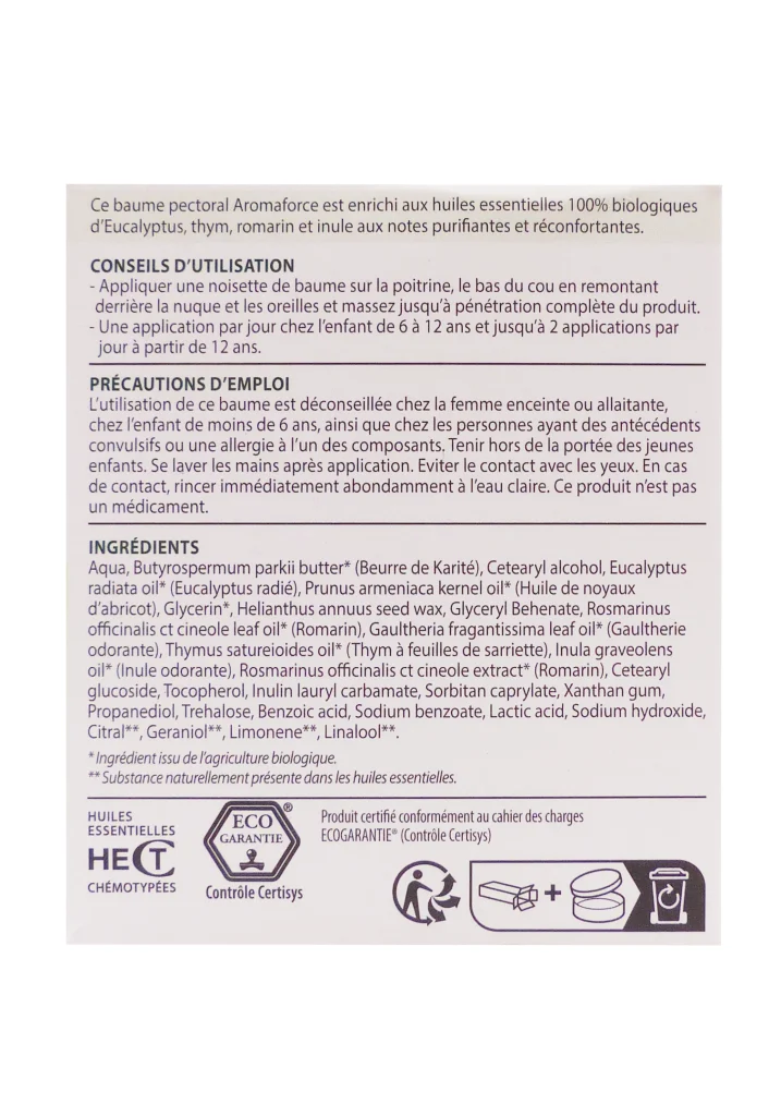 BAUME PECTORAL BIO AROMAFORCE 80ML PRANAROM 3 dos conseils utilisation