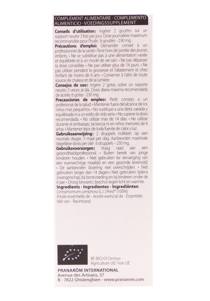HUILE ESSENTIELLE RAVINTSARA 10ML PRANAROM 4 dos huile essentielle