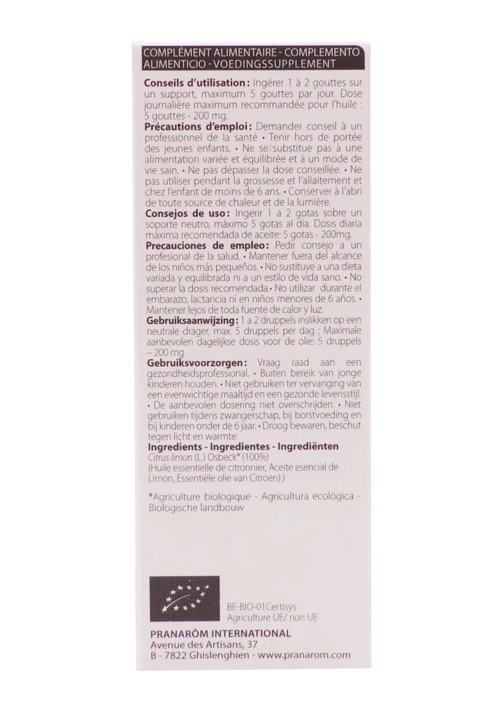 HUILE ESSENTIELLE CITRONNIER BIO 10ML PRANAROM 4 dos huile essentielle packaging