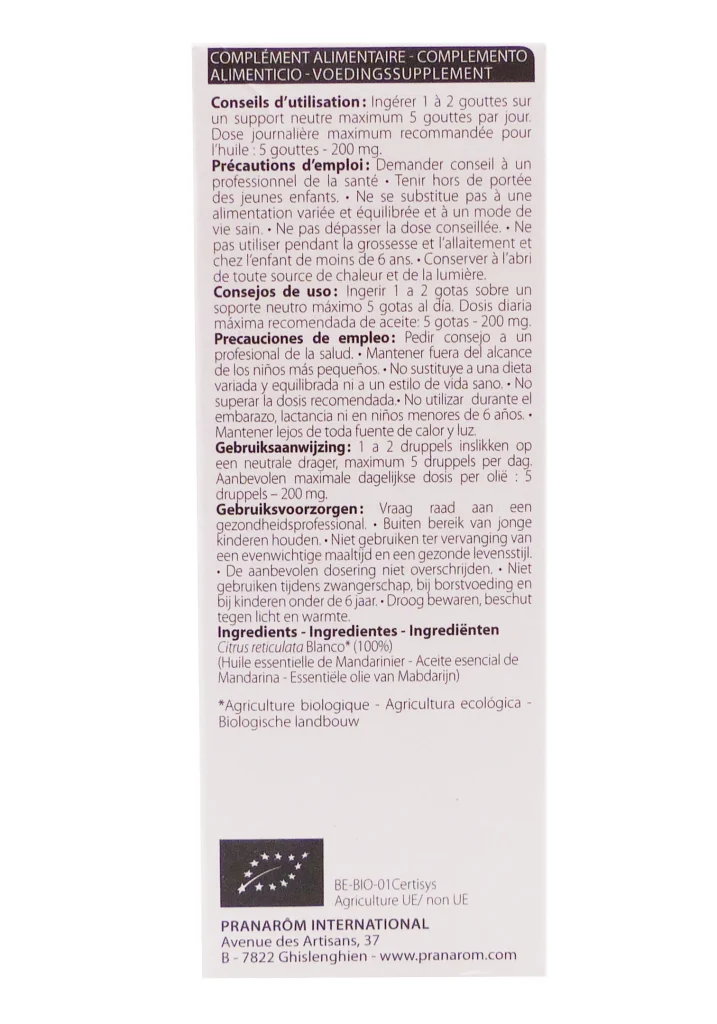 HUILE ESSENTIELLE MANDARINIER BIO 10ML PRANAROM 4 dos huile essentielle pranarom