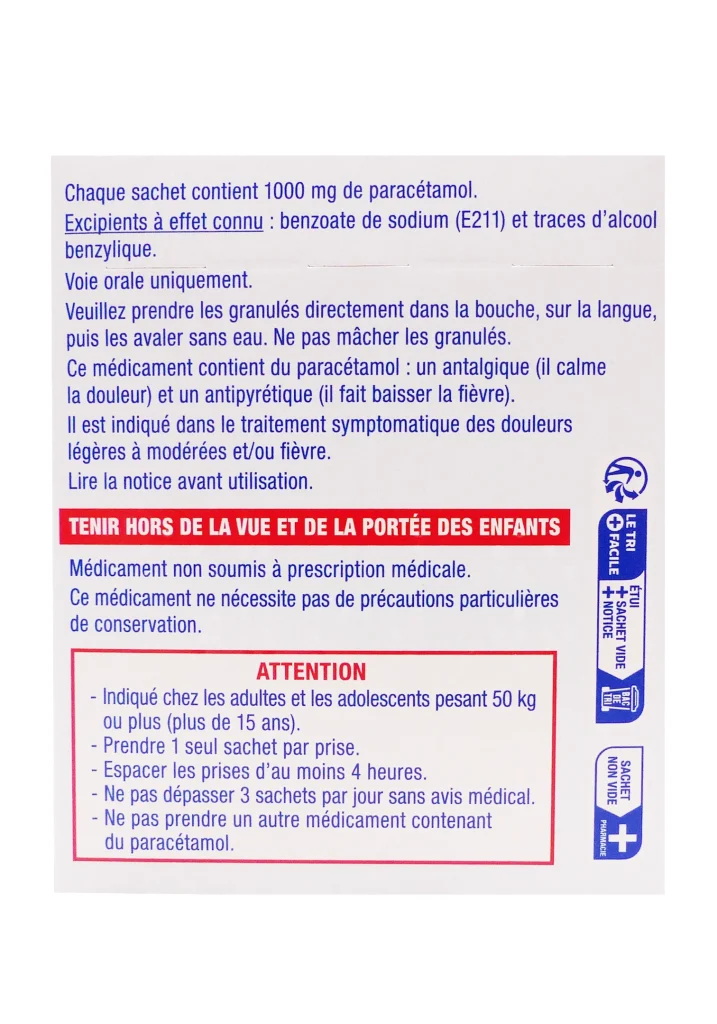 EFFERALGAN PARACETAMOL 1000MG SANS EAU GOÛT FRAMBOISE 8 SACHETS 3 dos medicament