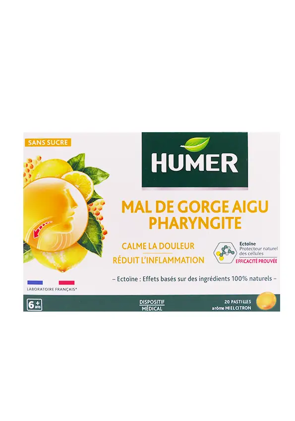 Humer mal de gorge aigue pharyngite 20 pastilles miel citron