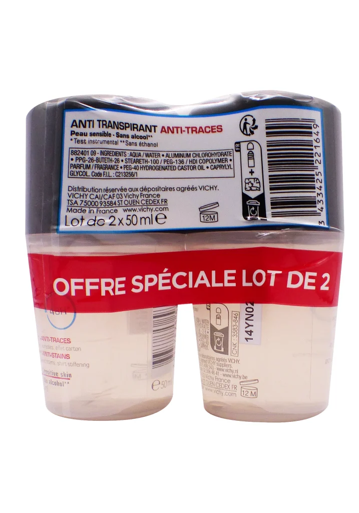 VICHY HOMME DEODORANT BILLE 48H ANTI-TRACES LOT 2X50ML 3 anti transpirant lot de 2x50 ml