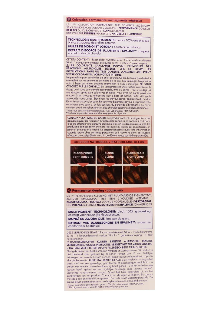 PHYTO COLORATION PERMANENTE 7.3 BLOND DORE 3 couleur phyto cote