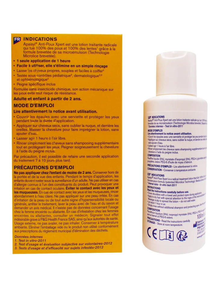 APAISYL XPERT POUX ET LENTES 100ML 3 dos apaisyl lotion