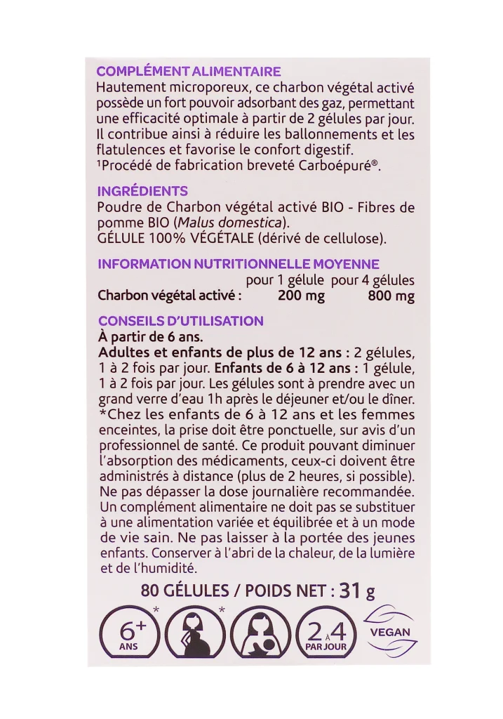 ARKOGELULES CHARBON VEGETAL BIO 40 GELULES ARKOPHARMA 4 dos charbon